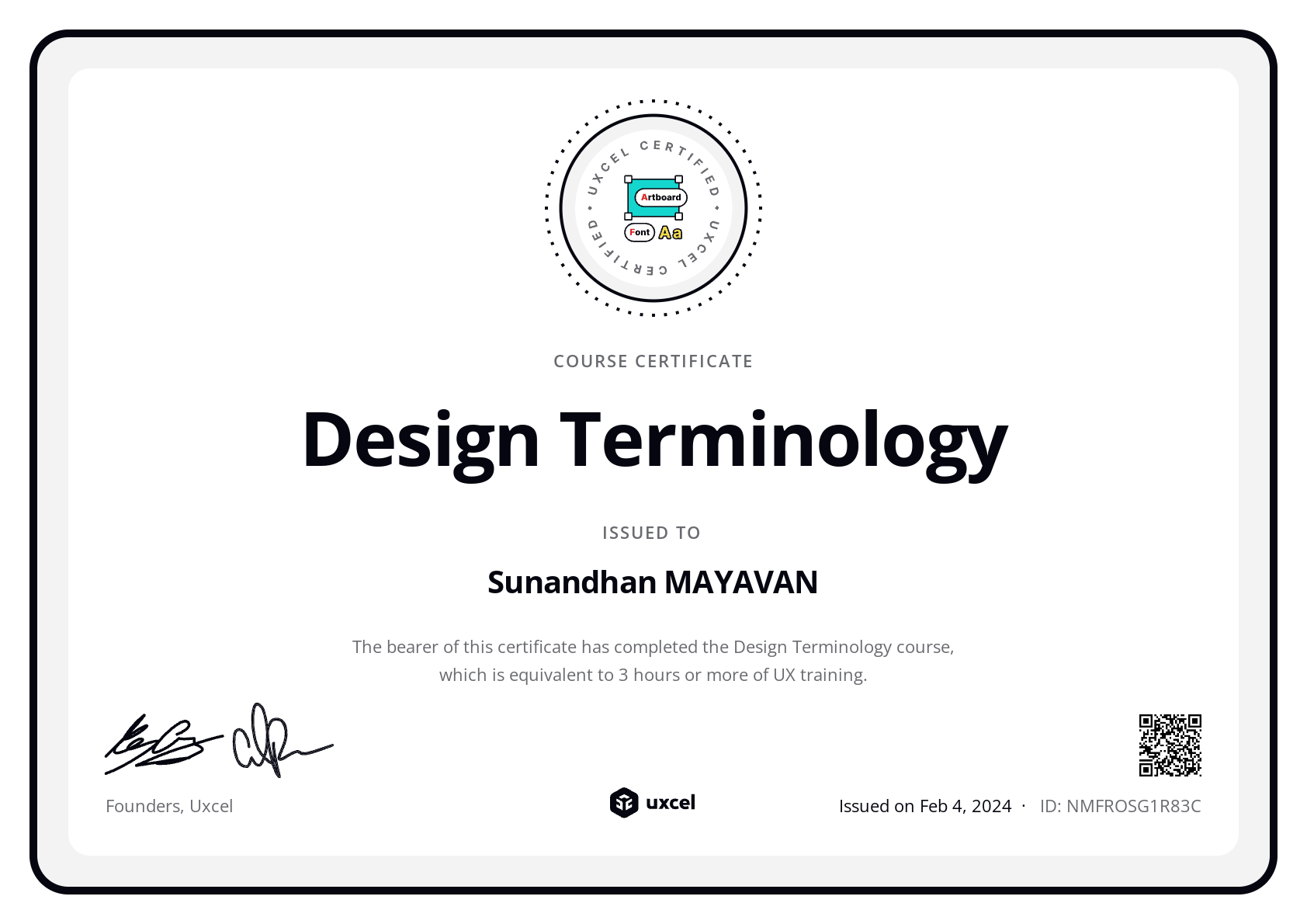 Sunandhan MAYAVAN's certificate